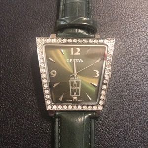 Green leather Geneva watch w/ crystals